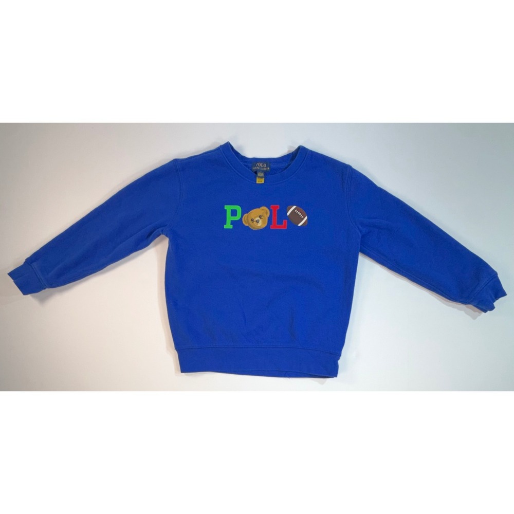 Polo Ralph Lauren Boys Royal Blue Polo Bear Football Fleece Sweatshirt Size 7